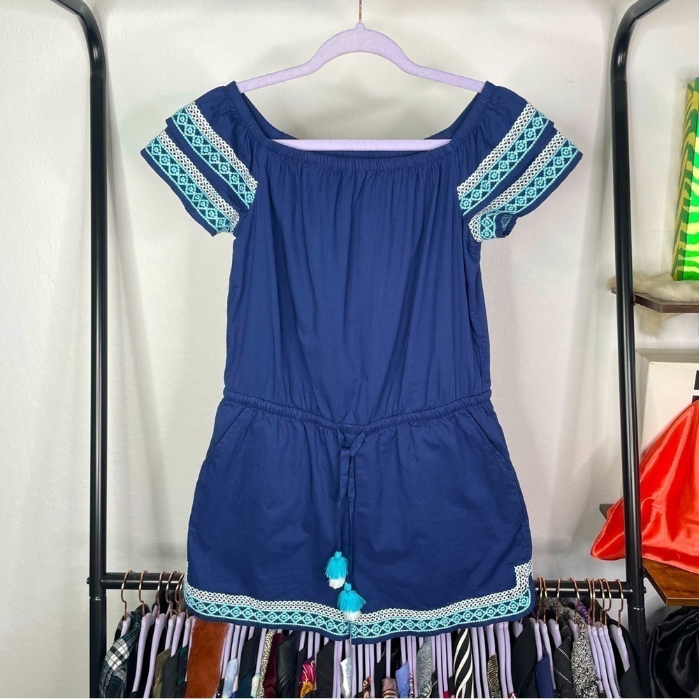 Vineyard Vines Deep Bay Blue Embroidered Off The Shoulder Romper